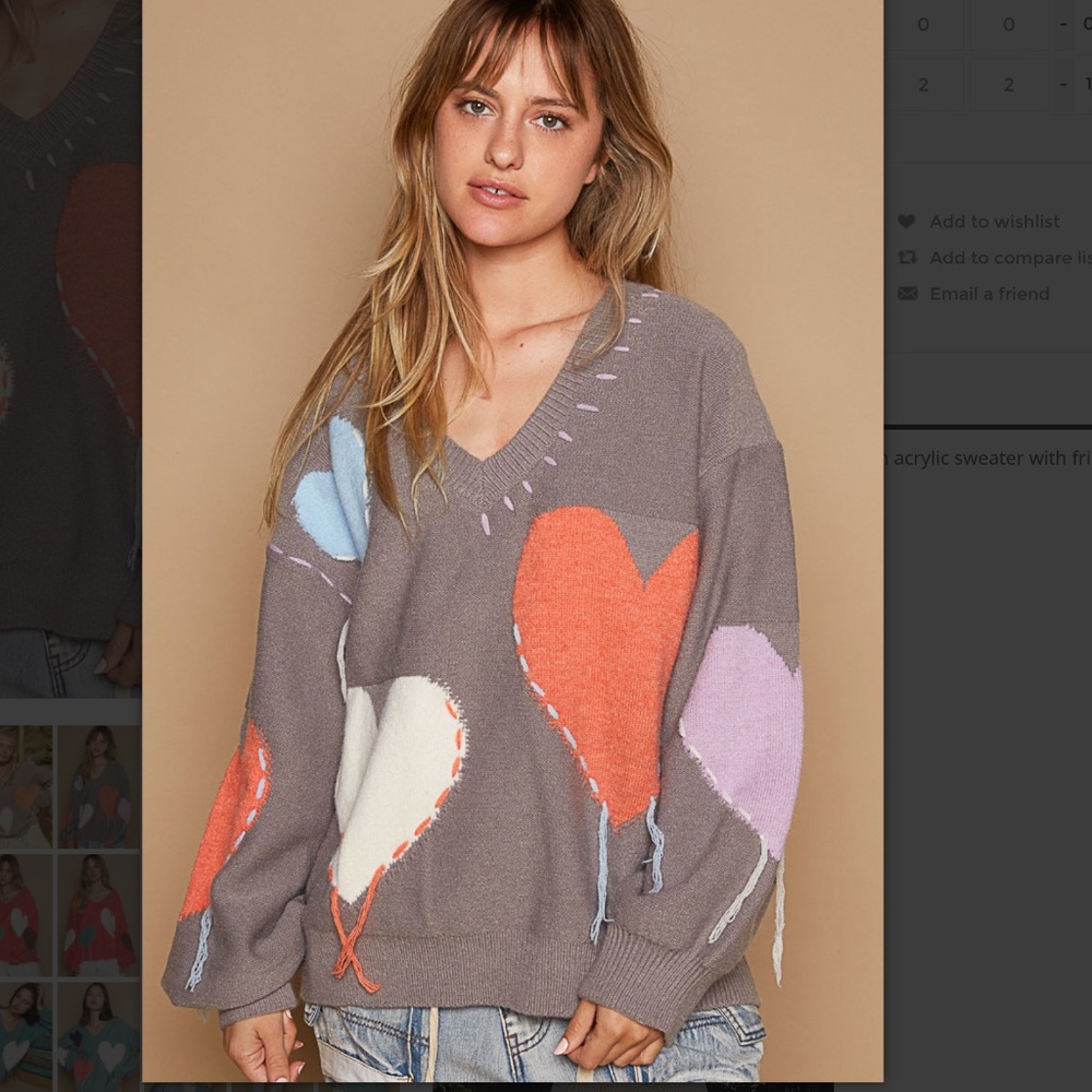 POL top Taupe V-Neck Sweater with Orange, Cream, and Light Blue Hearts POL NEW - Picture 6 of 9